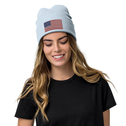 Ribbed Knit Embroidered USA Flag Beanie / Premium Beanie Available In 8 Colours / Recycled Polyester