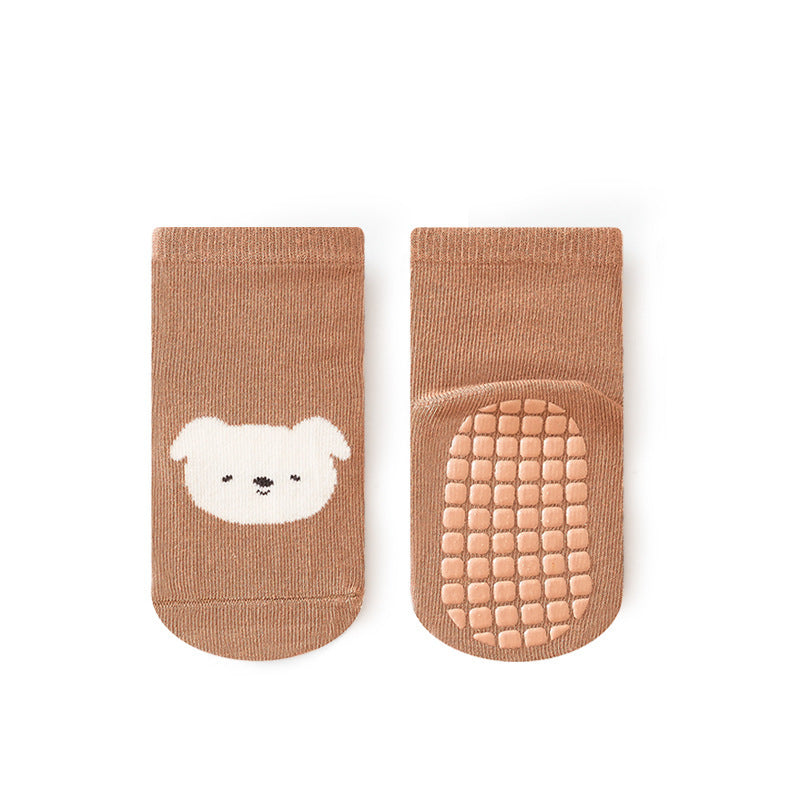 Dark Gray Bear Non-Slip Cotton Footie Socks for Babies