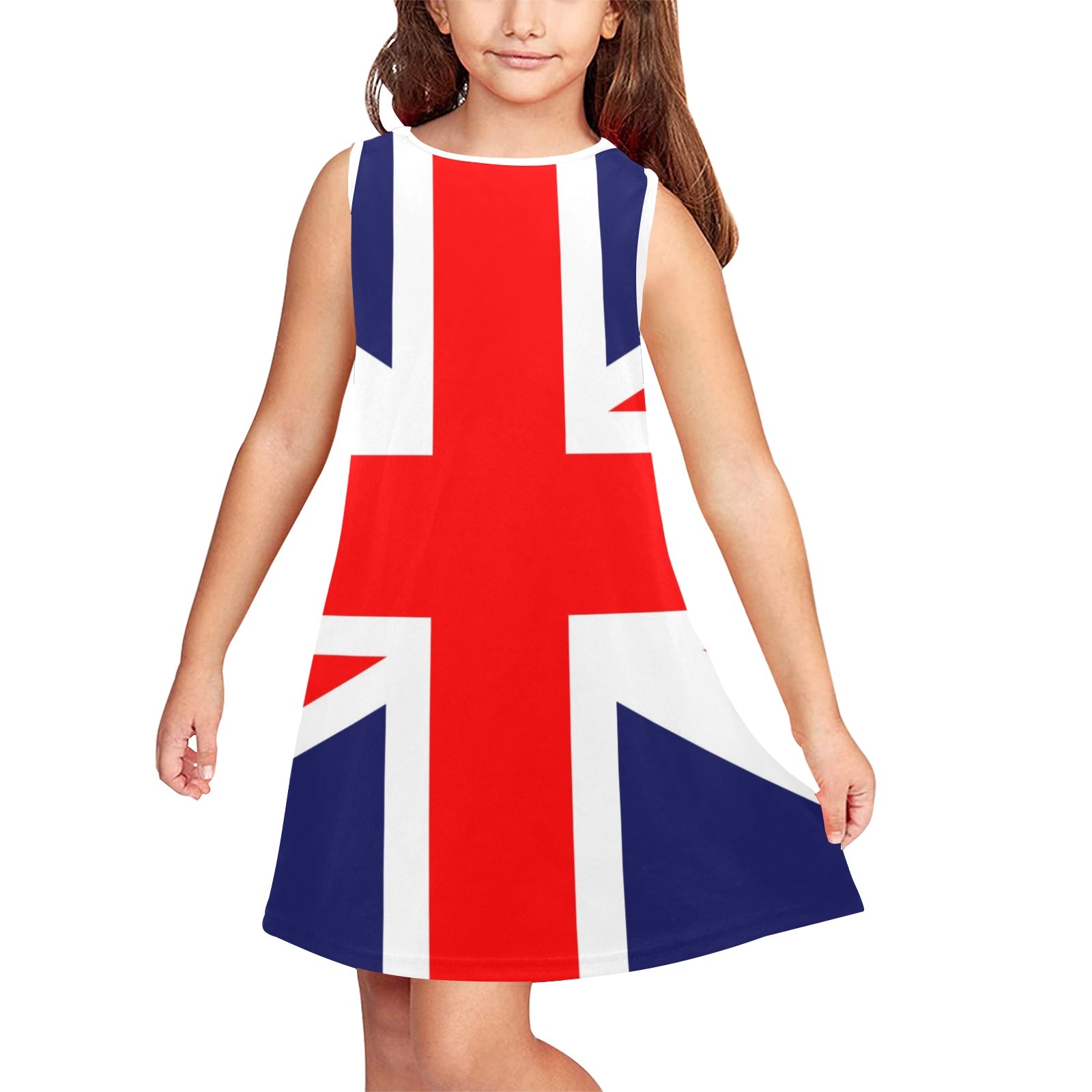 Union Jack Sleeveless Dress for Girls – A vibrant sleeveless dress featuring the Union Jack flag, perfect for patriotic events and everyday wear.