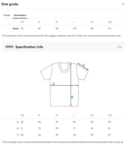 centimeters size guide t-shirt