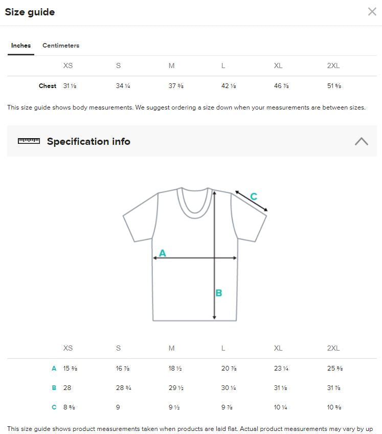 Inches size guide t-shirt