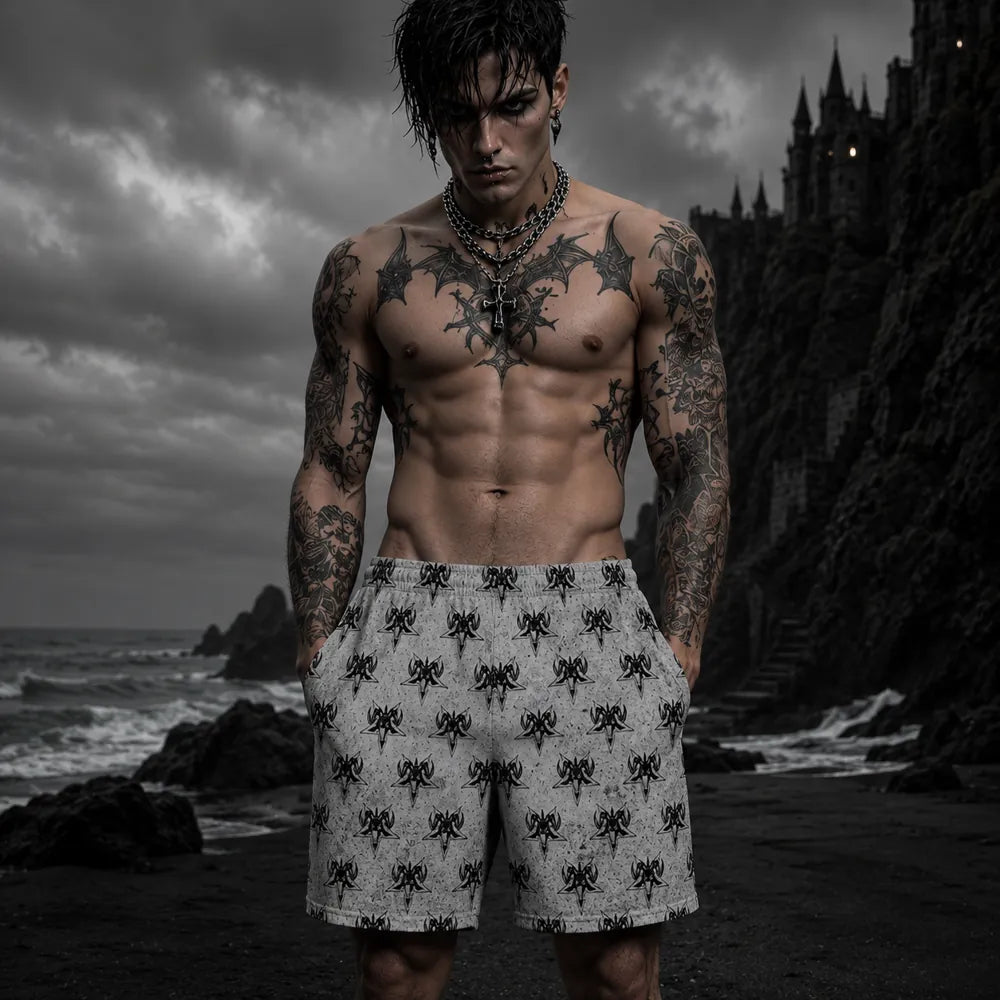 Alternative goth beach shorts with occult Baphomet pattern