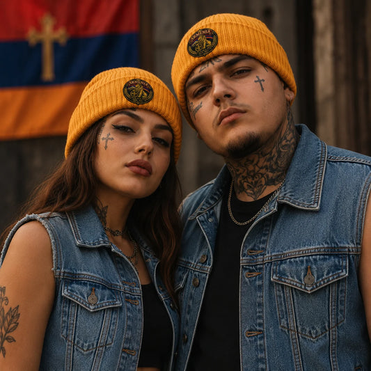 Armenia Est. 301 lion crest embroidered beanie in gold colorways