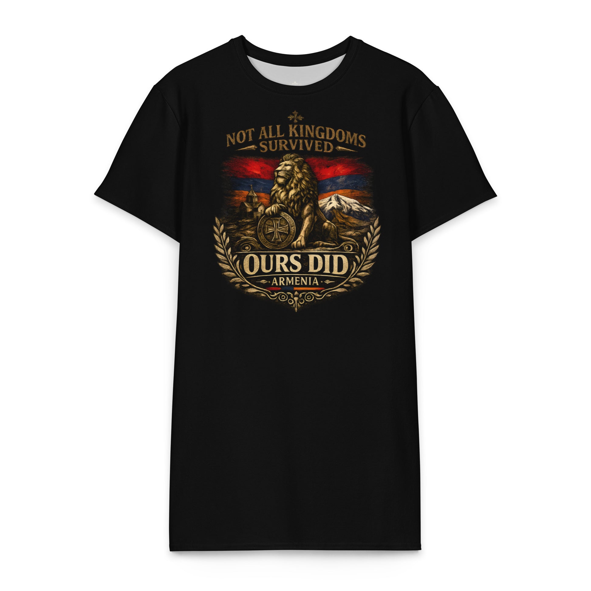 Armenia lion crest graphic on black t-shirt dress