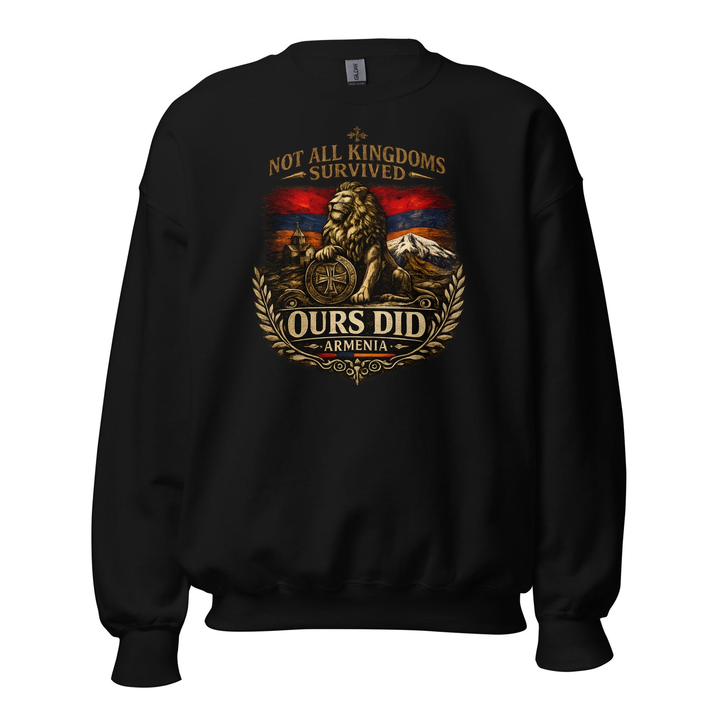 Armenia lion sweatshirt front view, black crewneck with Mount Ararat and Armenian flag design