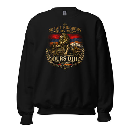 Armenia lion sweatshirt front view, black crewneck with Mount Ararat and Armenian flag design