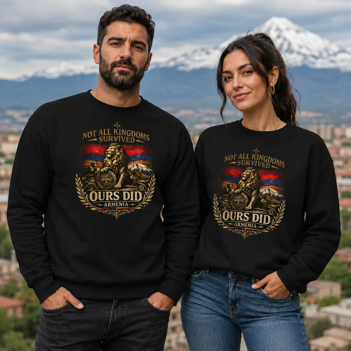 Armenia lion sweatshirt with Mount Ararat and Armenian flag design, black crewneck