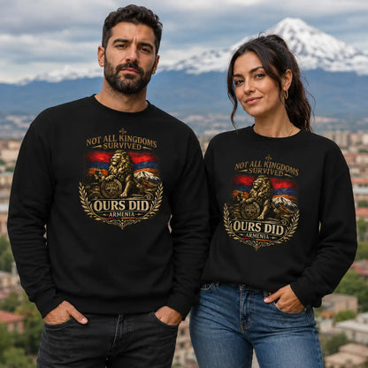 Armenia lion sweatshirt with Mount Ararat and Armenian flag design, black crewneck