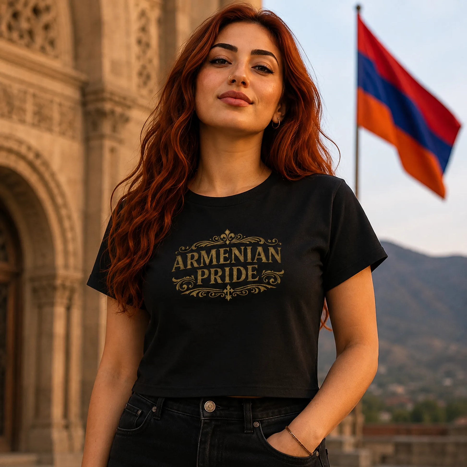 Armenian Pride crop top with vintage gold ornamental lettering