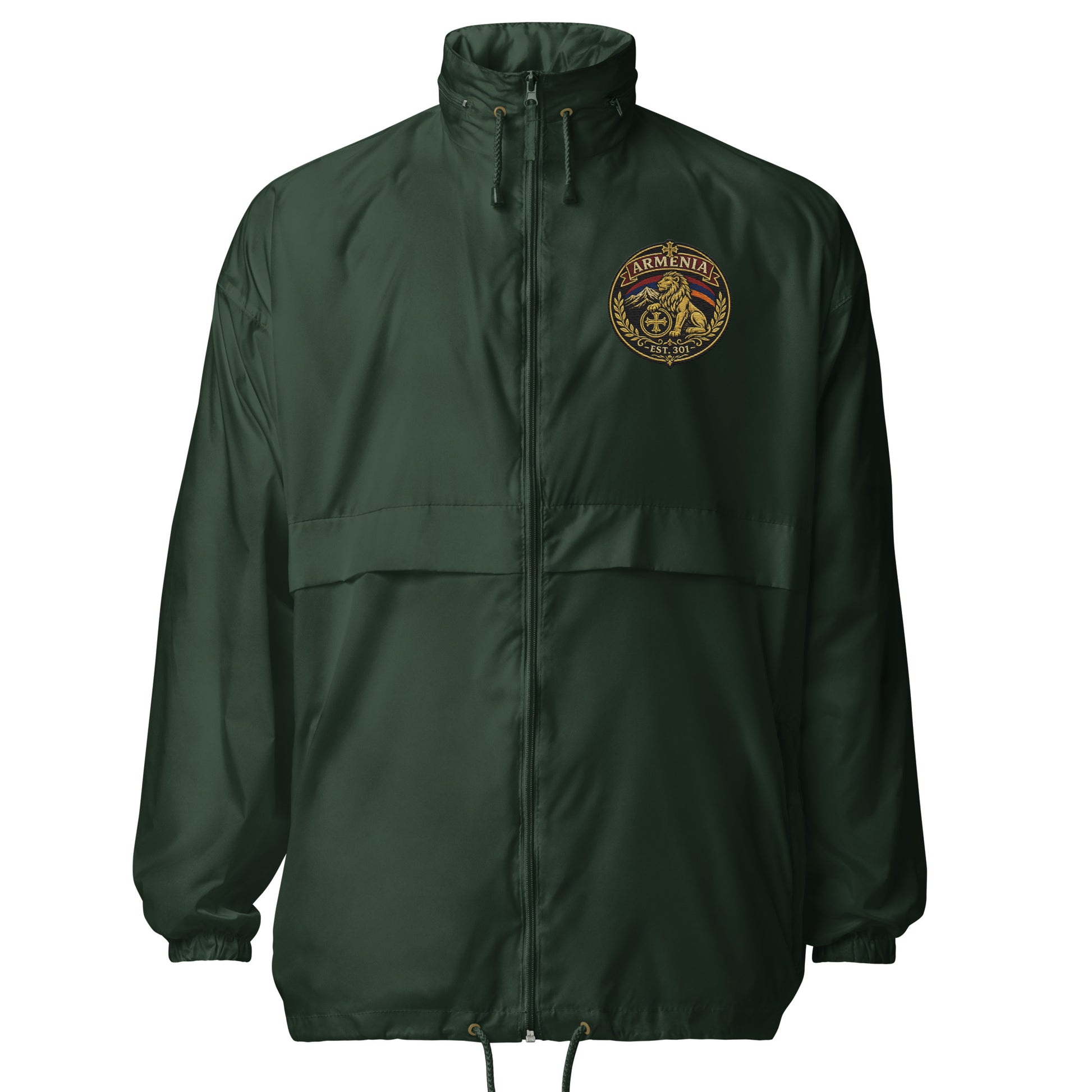 Armenian Pride forest green windbreaker jacket with embroidered lion crest logo