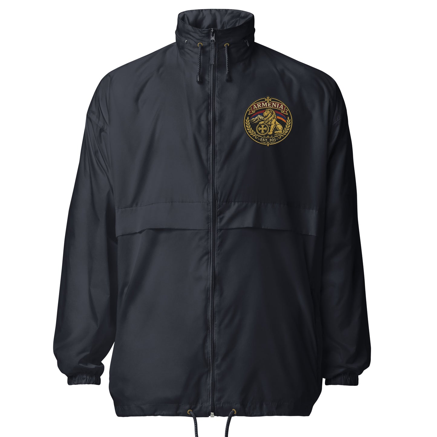 Armenian Pride navy windbreaker jacket with embroidered lion crest logo