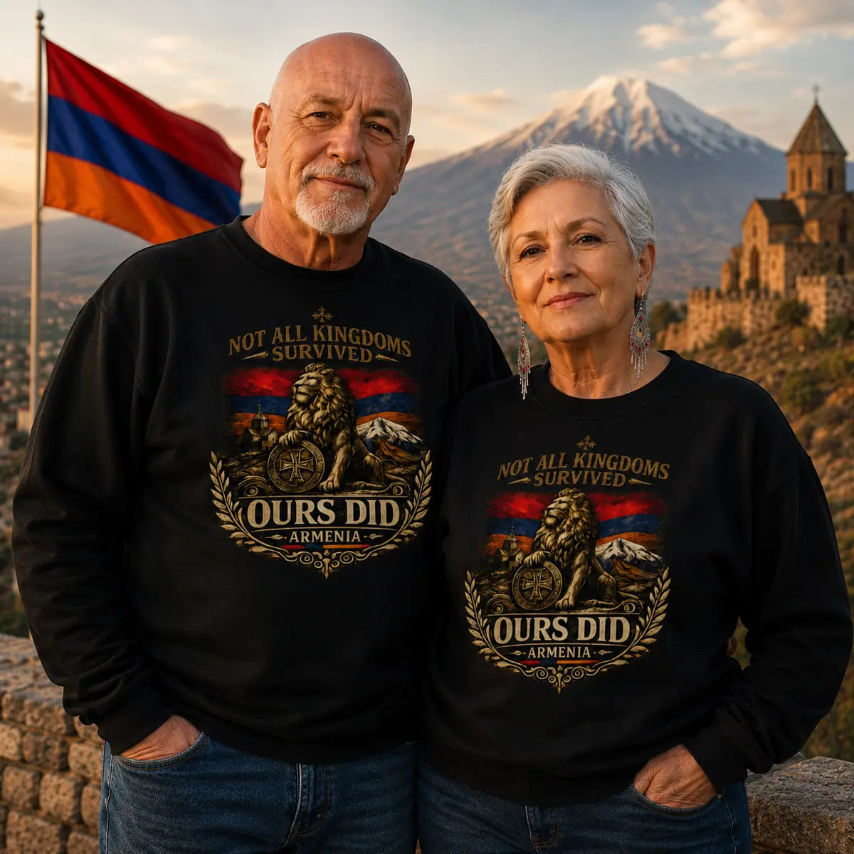 Armenian heritage sweatshirt with lion, coat of arms cross shield and church graphic