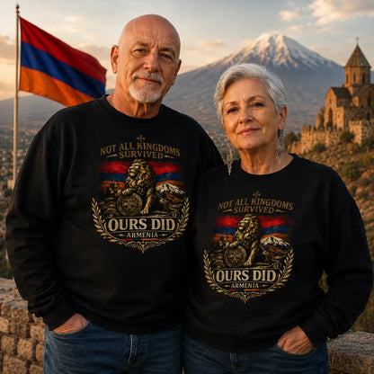 Armenian heritage sweatshirt with lion, coat of arms cross shield and church graphic