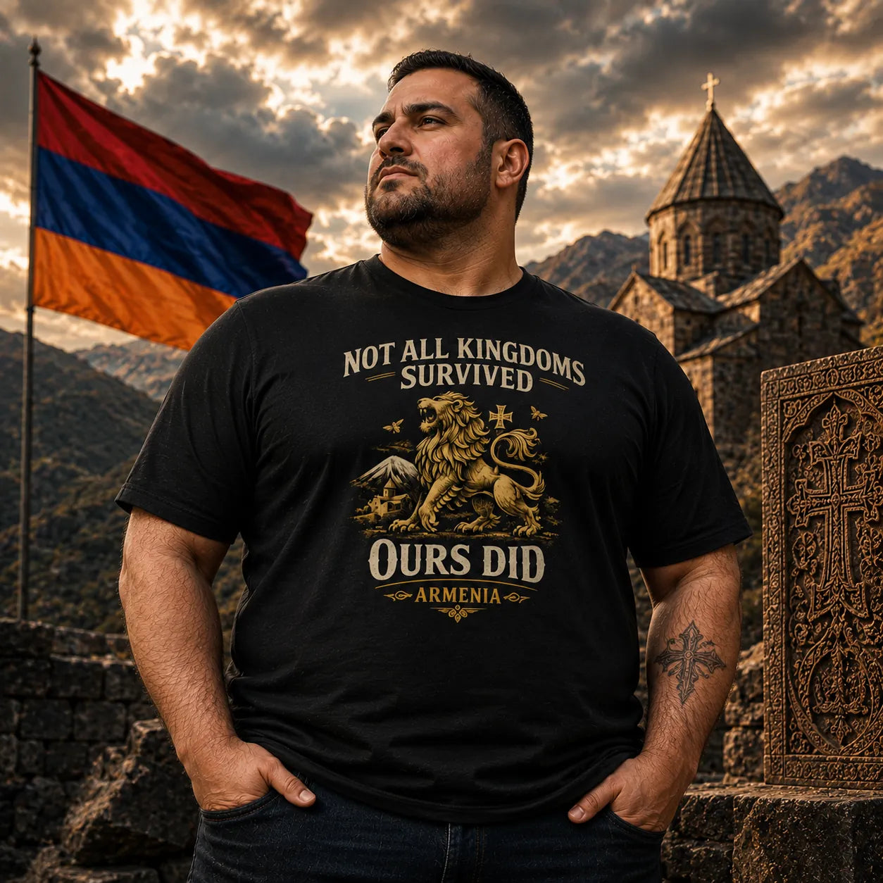 Armenian heritage t-shirt featuring lion, cross, and Ararat mountain graphic size 2XL
