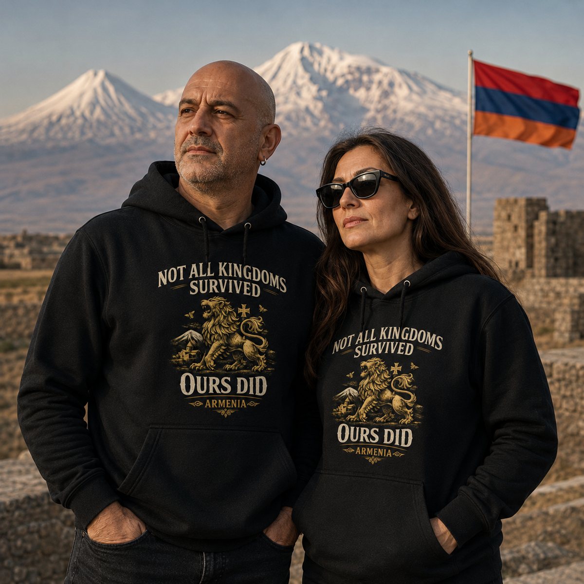 Armenian patriotic hoodie featuring lion and Mount Ararat artwork