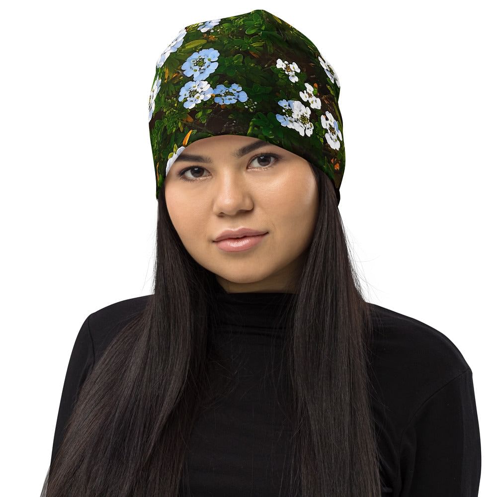Beanie With Print Of White Flowers / Floral Beanie / Summer Beanie