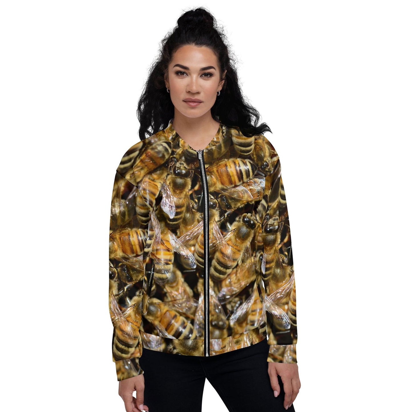 Bee lover bomber jacket with realistic honeybee print