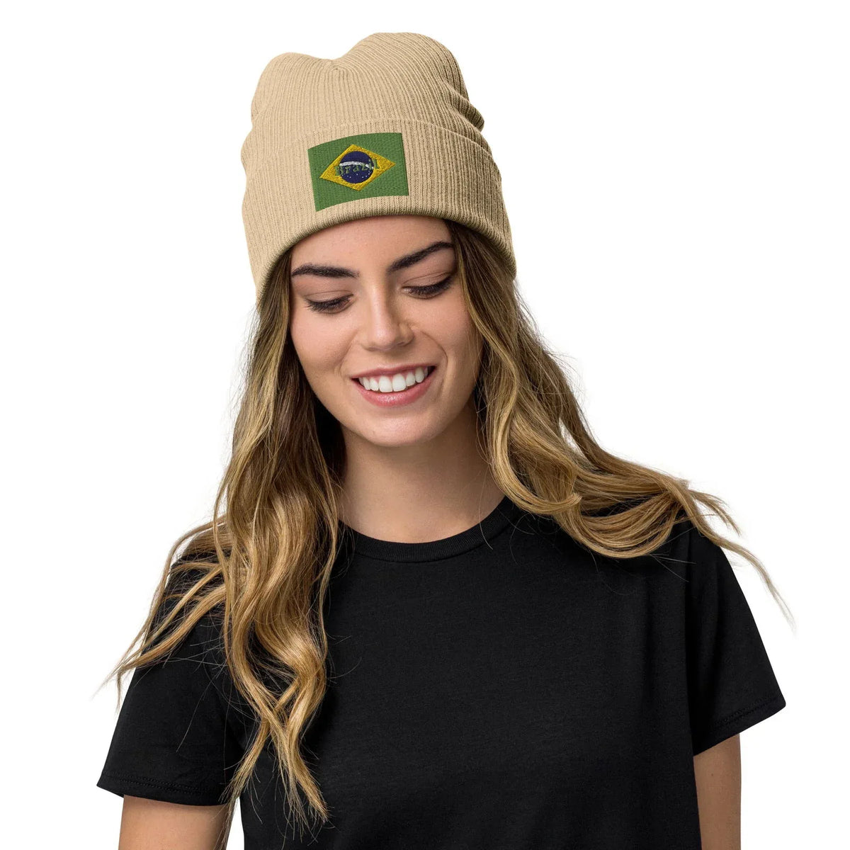 Beige Brazil flag beanie with embroidered design