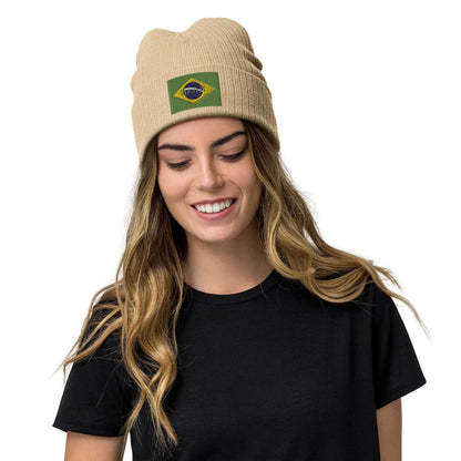 Beige Brazil flag beanie with embroidered design