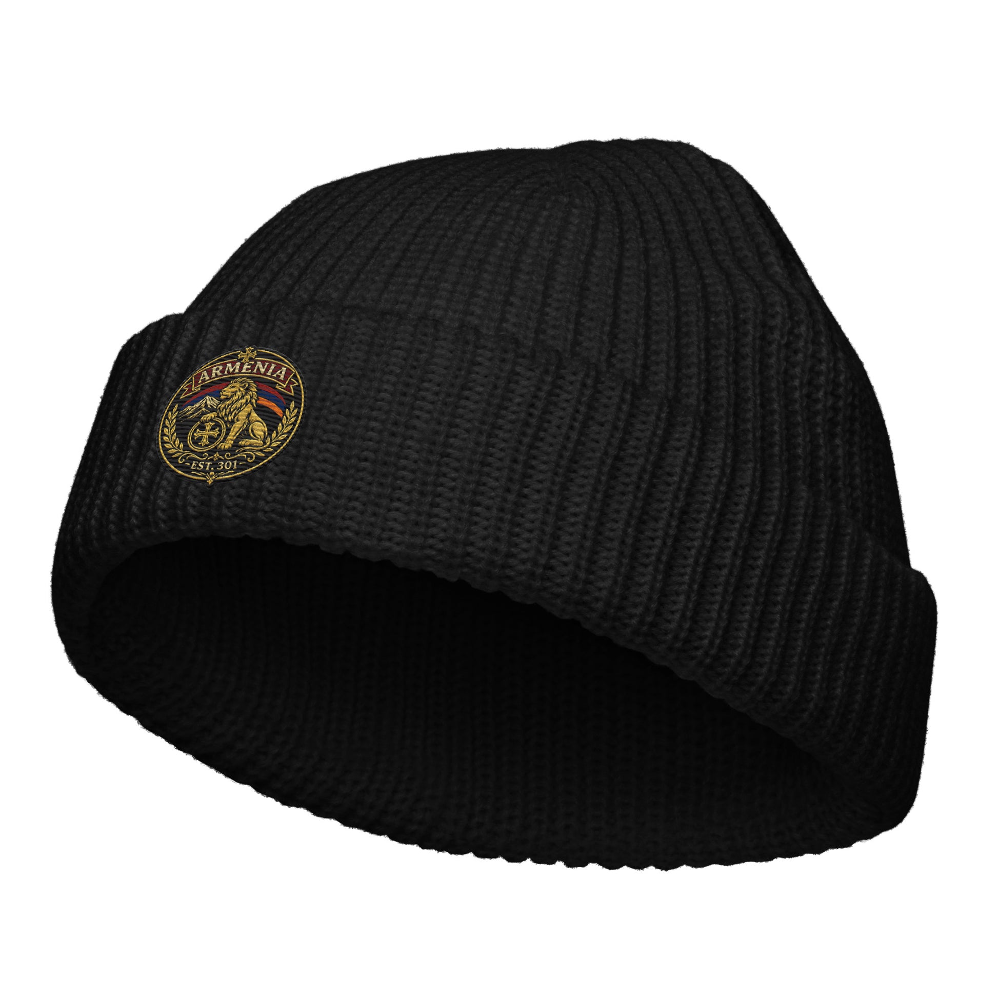 Black Armenia lion crest beanie with embroidered Est. 301 emblem