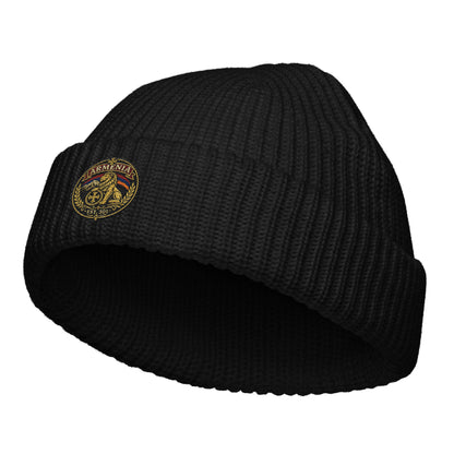 Black Armenia lion crest beanie with embroidered Est. 301 emblem