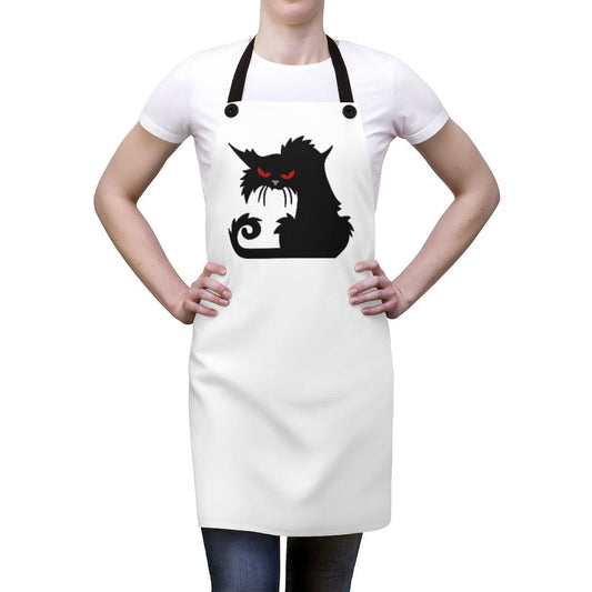 Black Cat Apron with angry black cat design on white kitchen apron for cat lovers