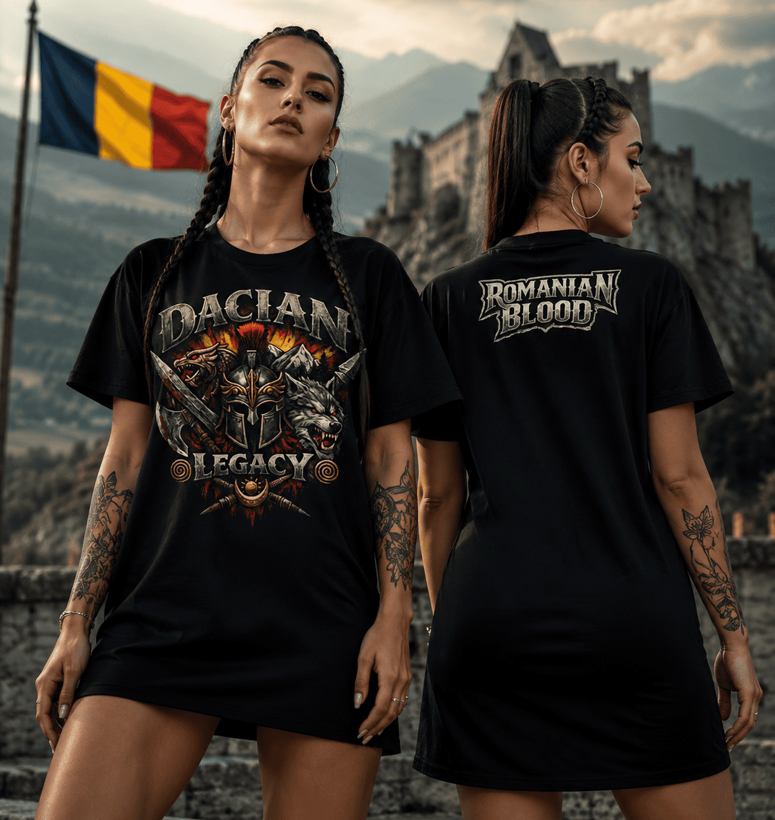 Black Romanian heritage graphic tee dress with Dacian warrior helmet and crossed swords design for women