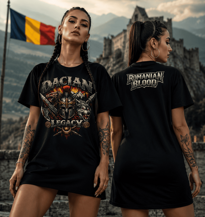 Black Romanian heritage graphic tee dress with Dacian warrior helmet and crossed swords design for women