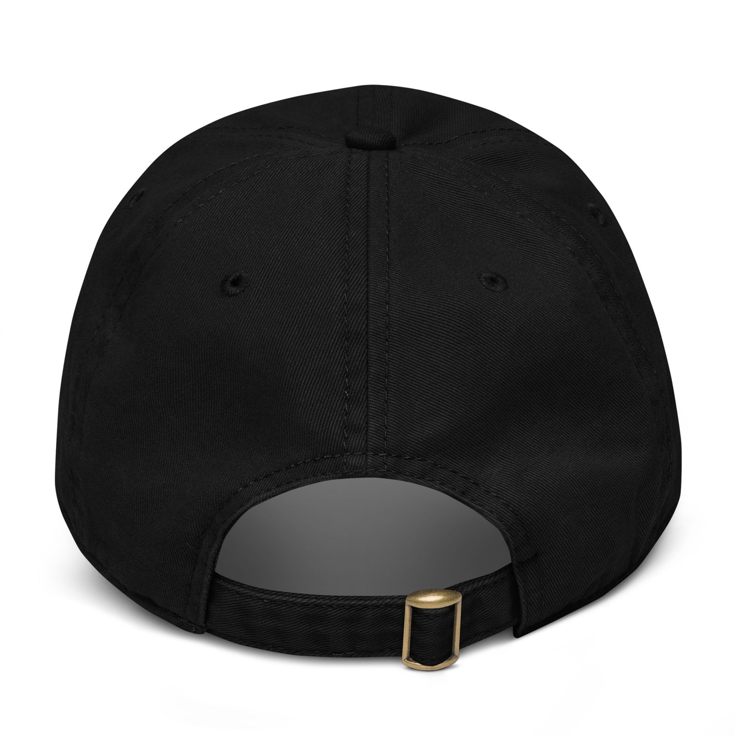 Black adjustable baseball cap with embroidered Dacian Legacy wolf and antique brass buckle