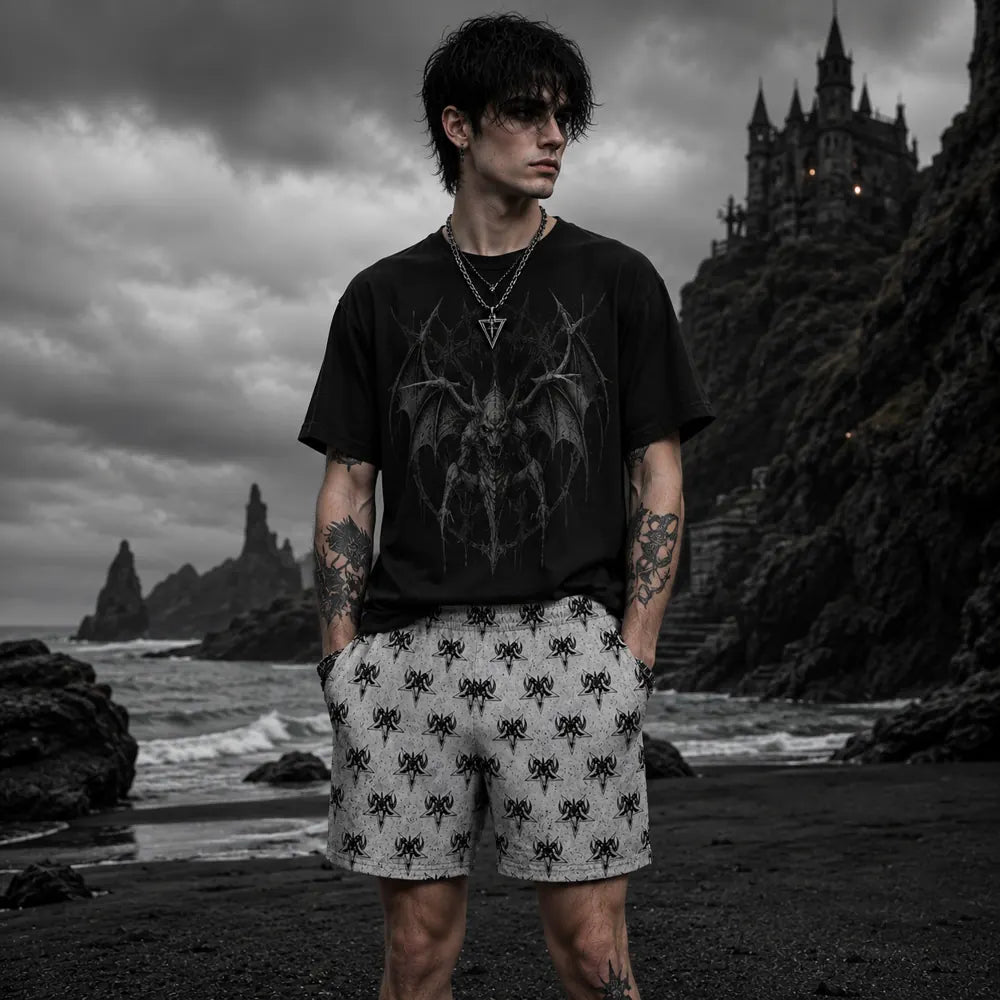 Black and grey gothic men's swim shorts with Baphomet print