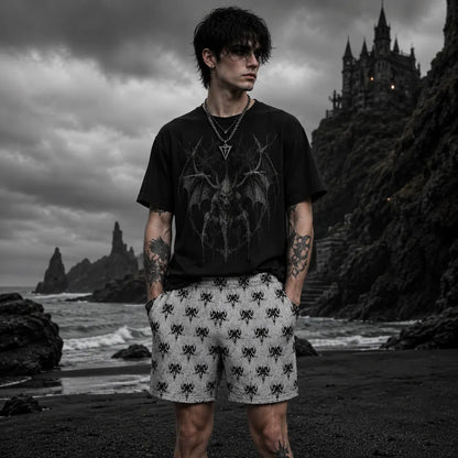 Black and grey gothic men's swim shorts with Baphomet print