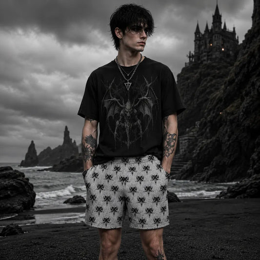 Black and grey gothic men's swim shorts with Baphomet print