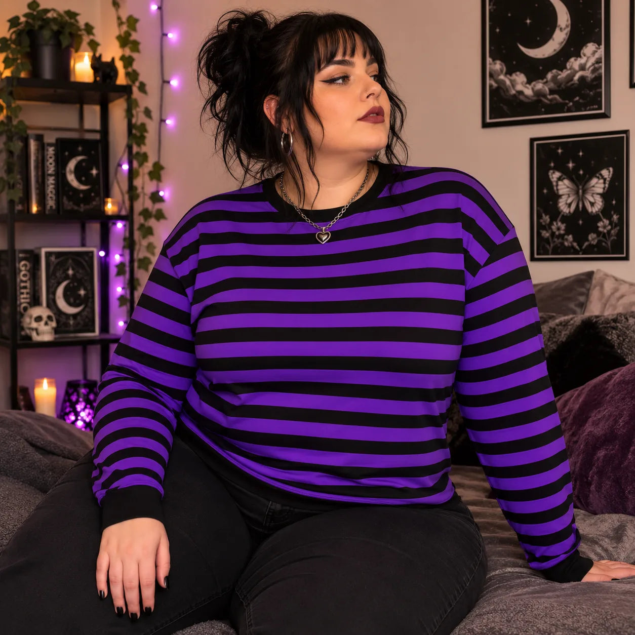 Black and purple striped crewneck sweatshirt for alternative fashion