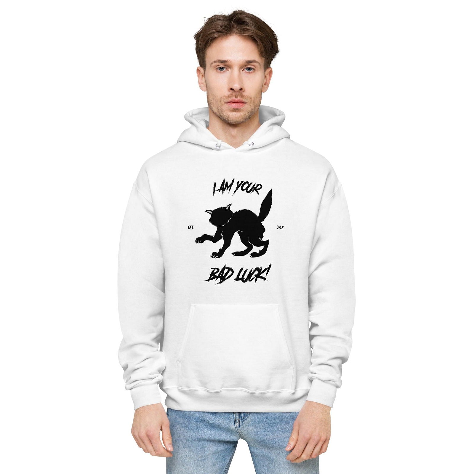 Black cat fleece hoodie with I Am Your Bad Luck graphic print for gothic streetwear