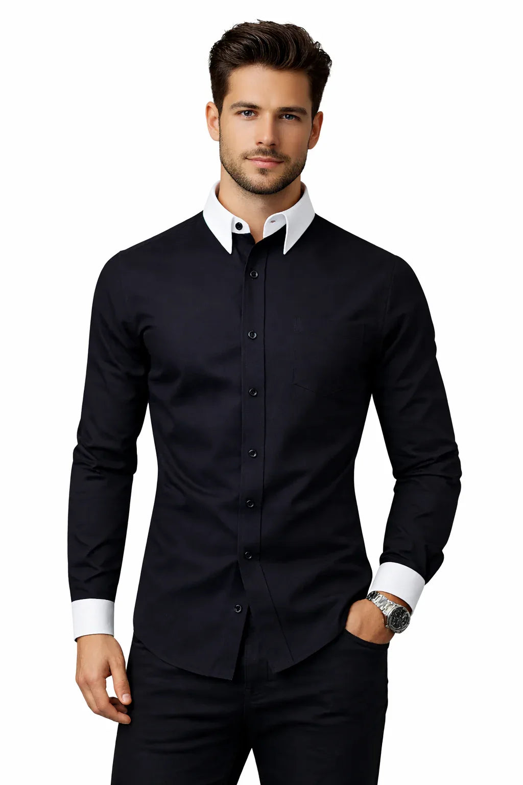 Black Dress Shirt with White Collar and Cuffs | YVDdesign S / Black Black Dress Shirt with White Collar and Cuffs | YVDdesign S / Black