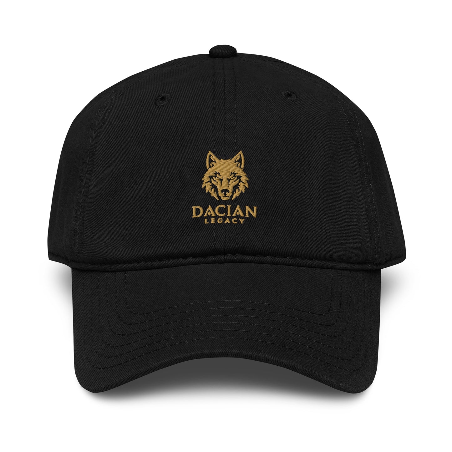 Black garment-washed baseball cap with gold embroidered Dacian Legacy wolf logo front view