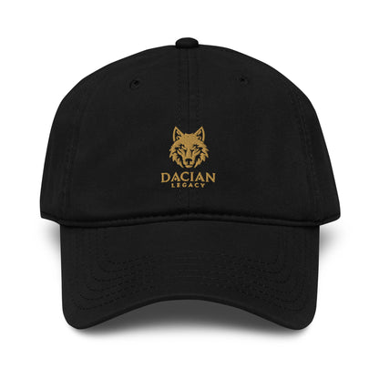 Black garment-washed baseball cap with gold embroidered Dacian Legacy wolf logo front view