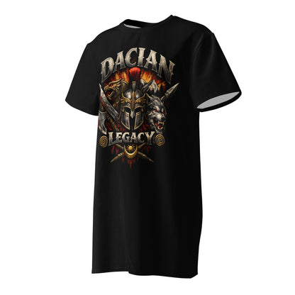 Black oversized Romanian graphic dress with Dacian warrior crest wolves and fire background print