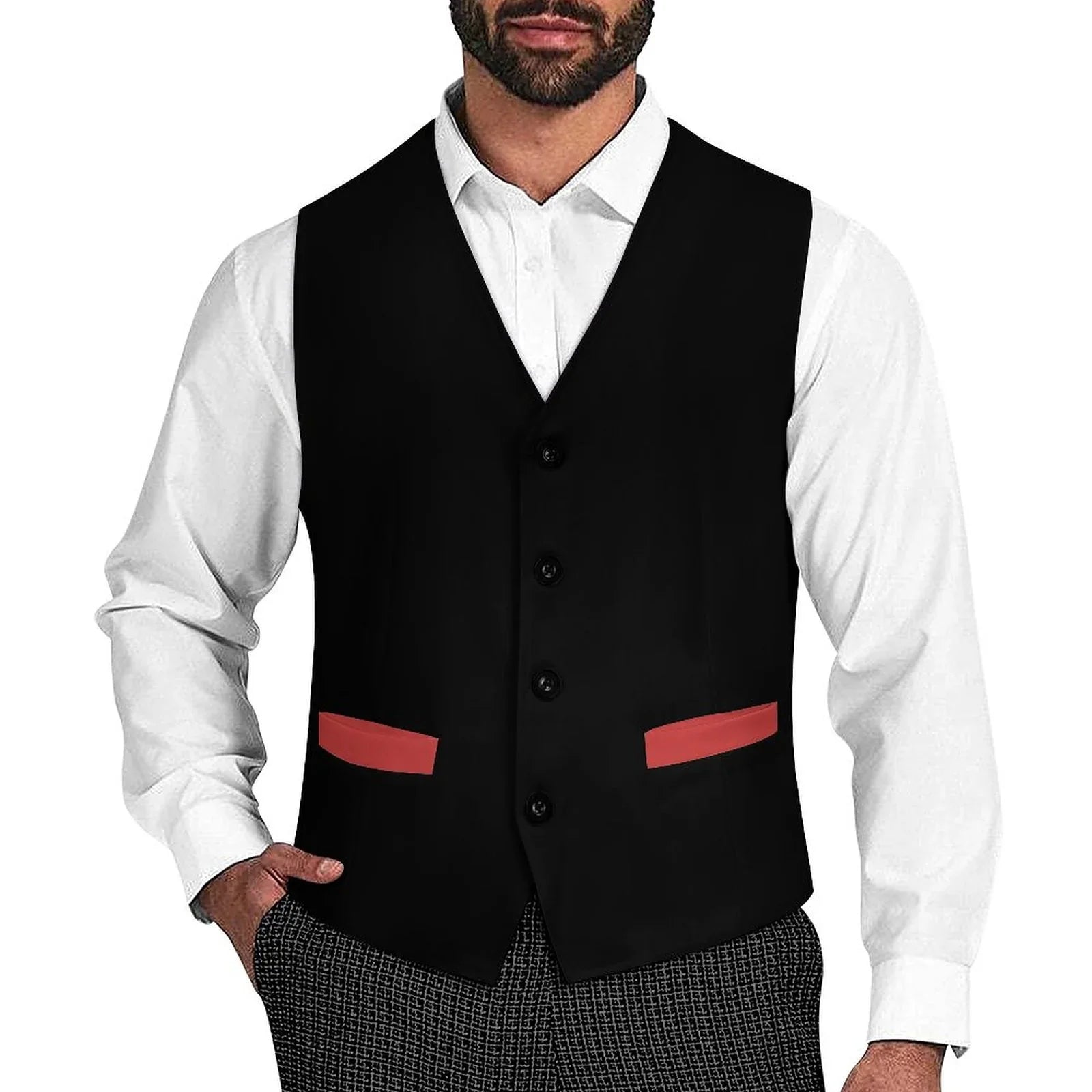 Black Sleeveless Suit Vest | Red Pockets Accents