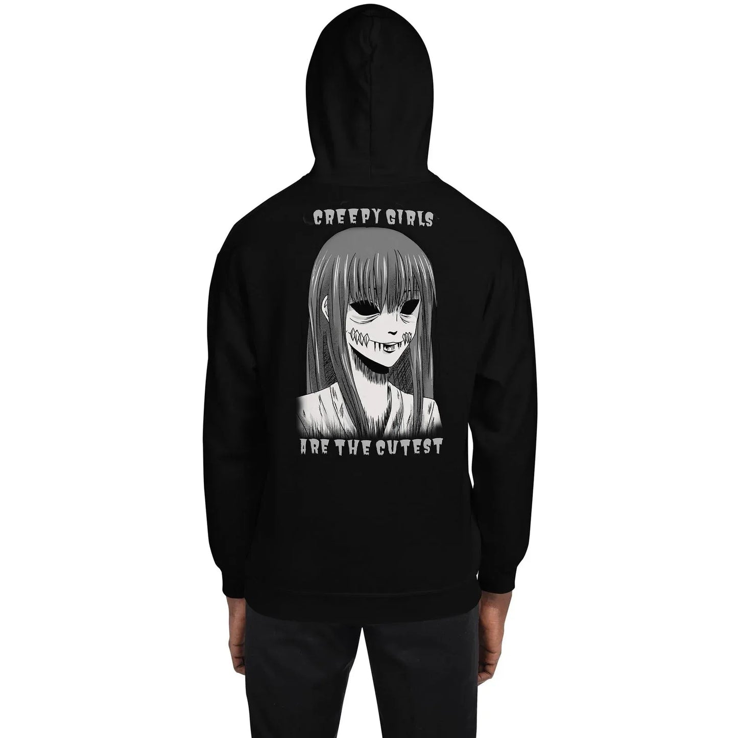 Black soft goth hoodie with creepy anime girl back print unisex