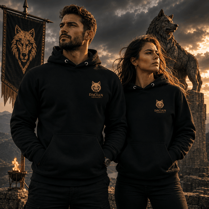 Black unisex embroidered hoodie with Dacian Legacy wolf logo on chest