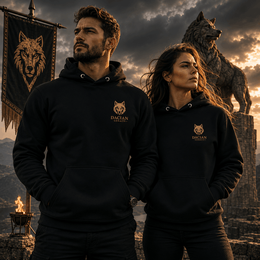 Black unisex embroidered hoodie with Dacian Legacy wolf logo on chest