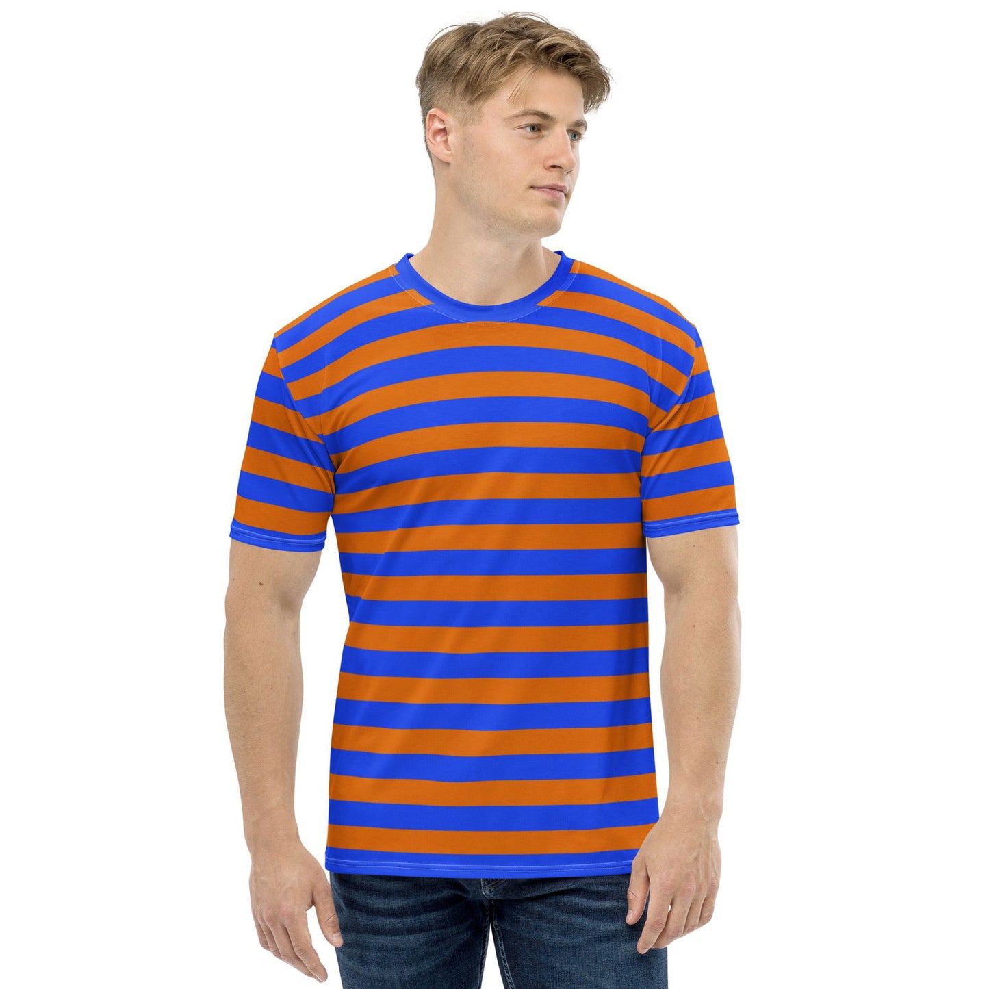 Blue orange striped shirt for men front view