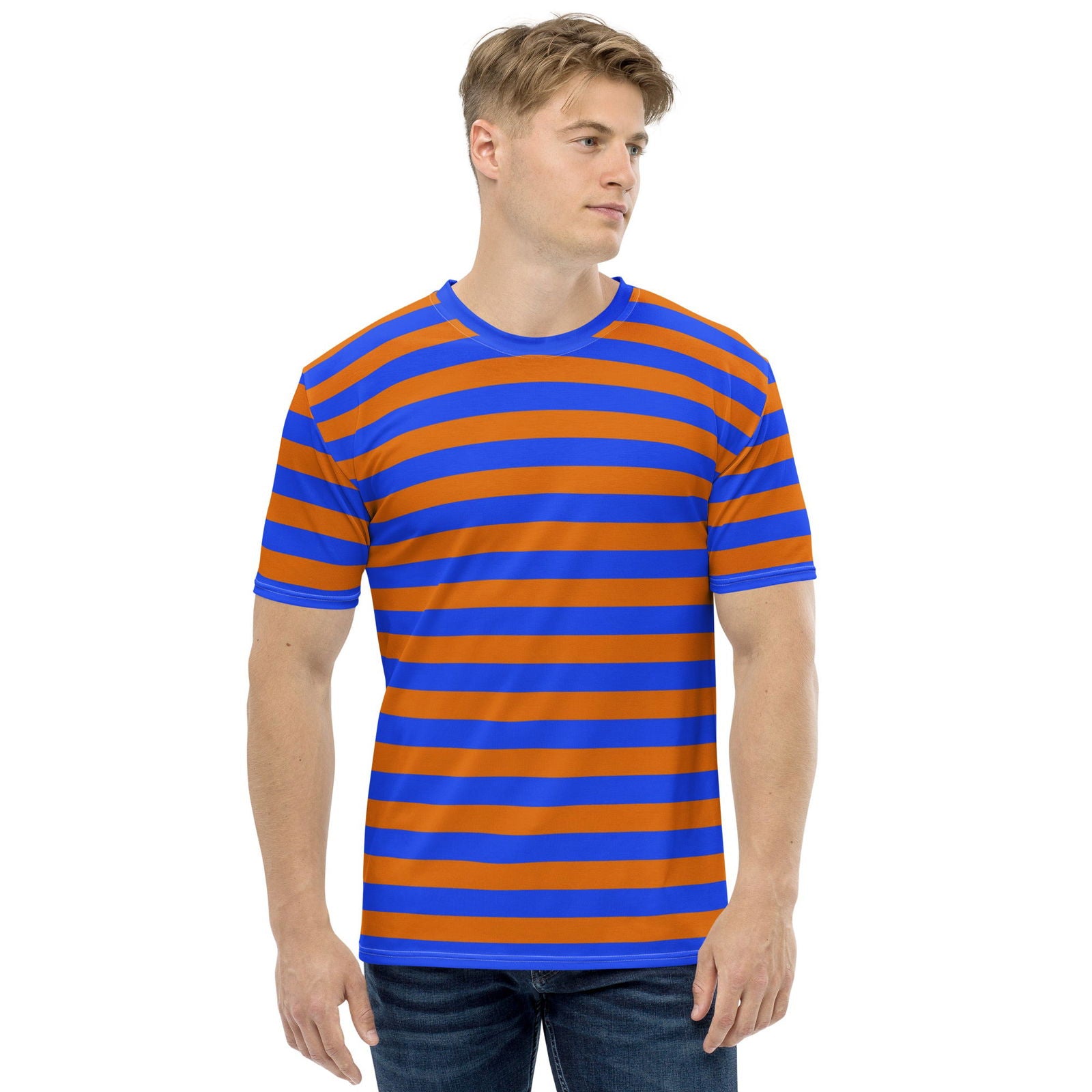 Blue orange striped shirt for men front view