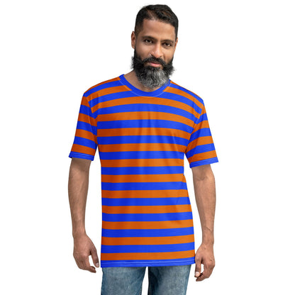 Blue orange striped t-shirt for men crew neck