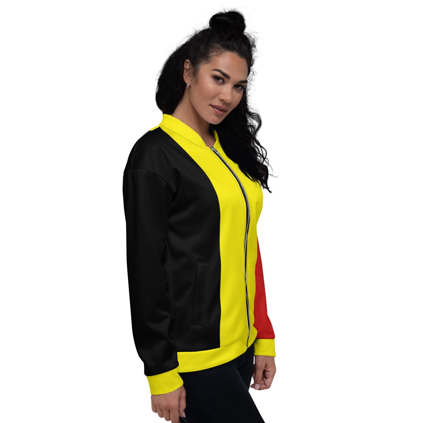 Bold Belgian flag print bomber jacket for sports fans