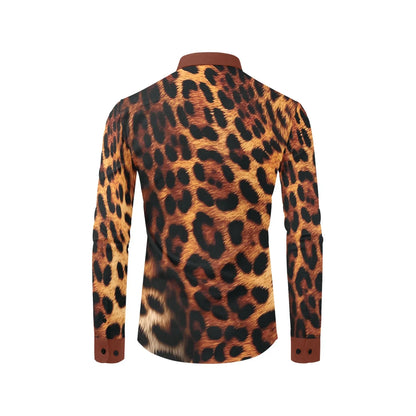 Leopard Print Dress Shirt for Men with Brown Collar & Cuffs L / Brown