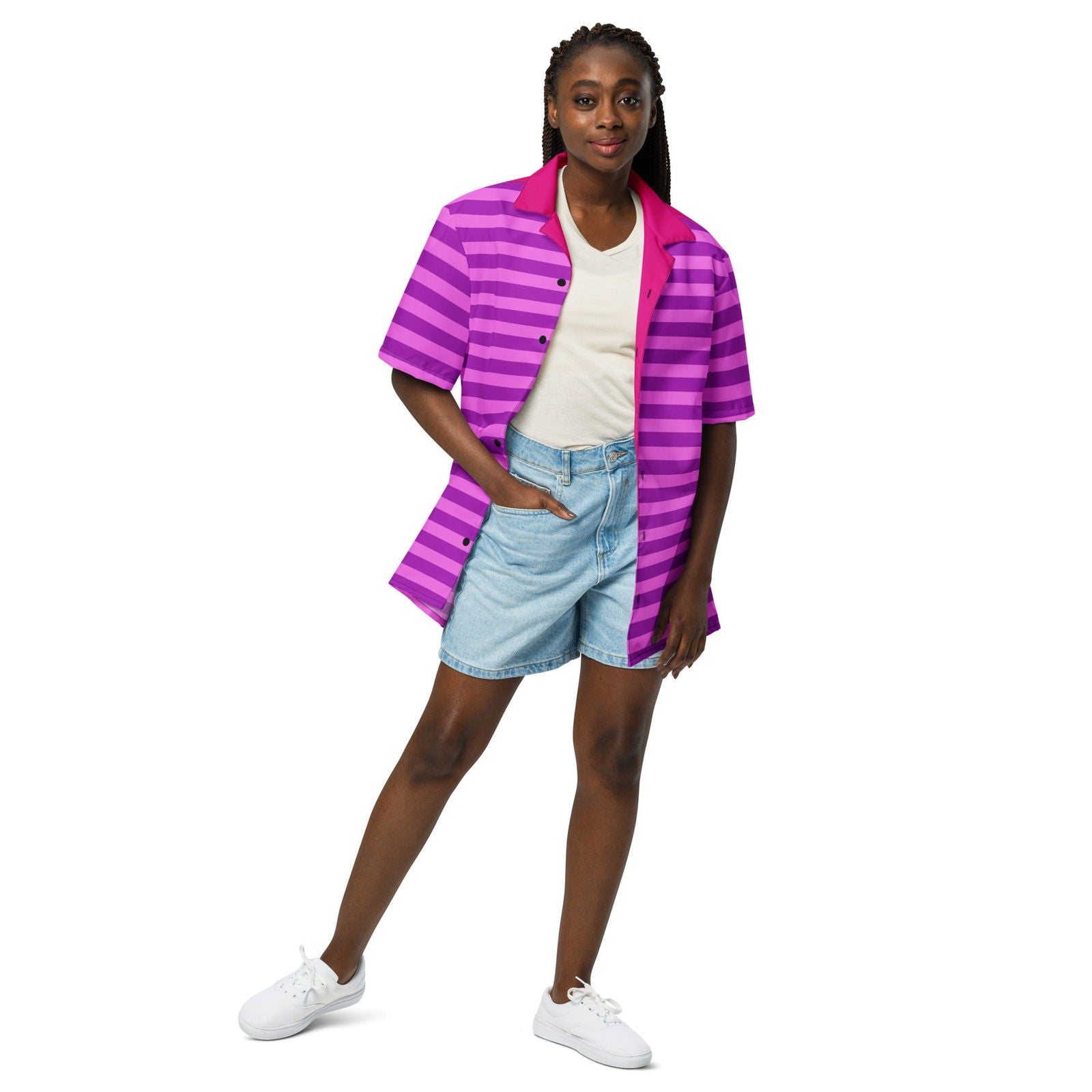 Bold pink and purple striped summer dress shirt for men and wome