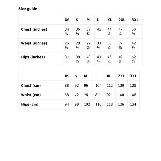 Bomber Clothing Size Guide