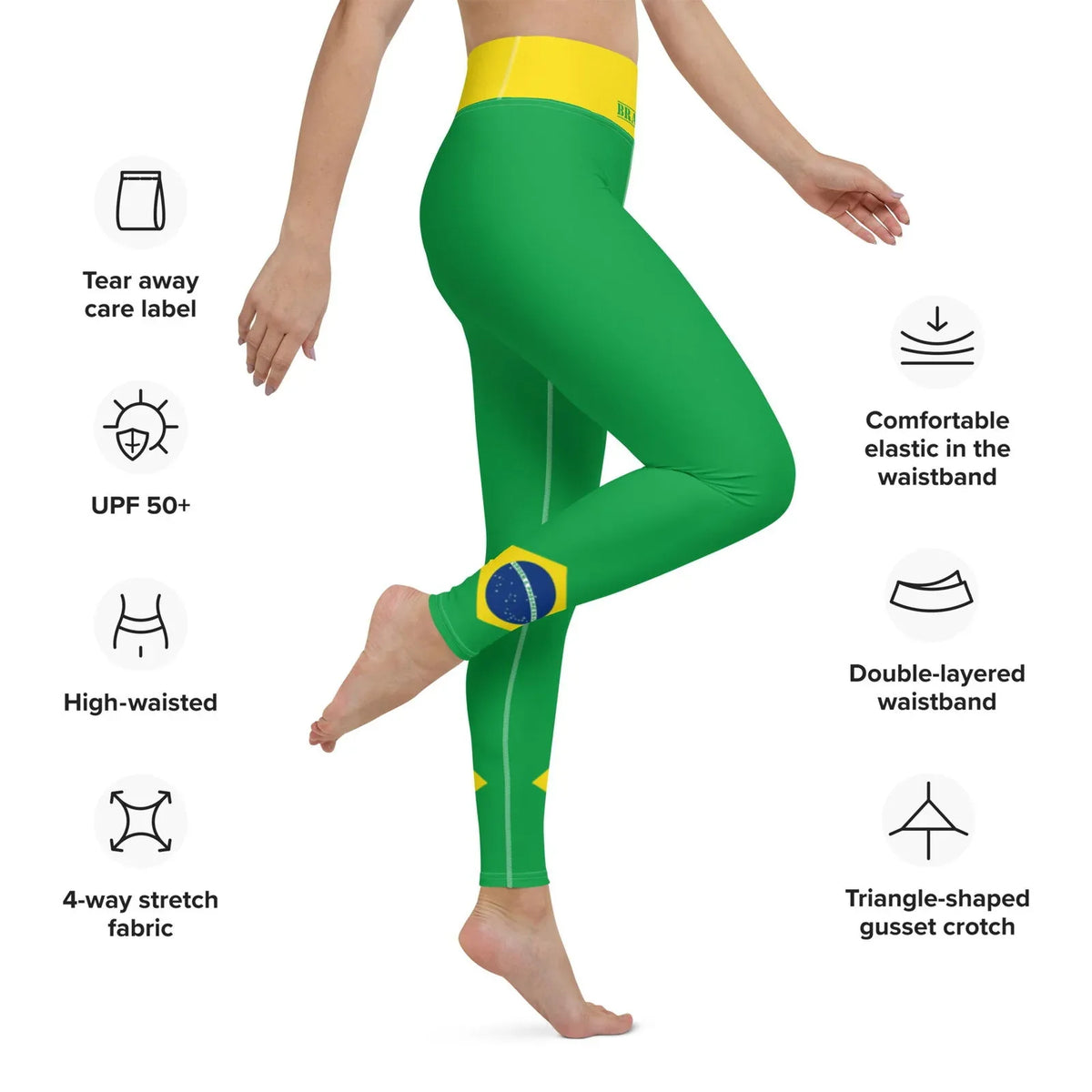 Brazil flag leggings showing the full-length design